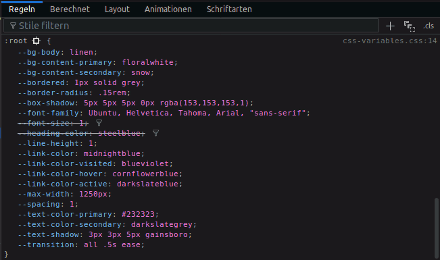 Bild zeigt CSS-Variable im Firefox Developer Tool 'Inspektor'