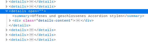 Das Entwickler-Werkzeug 'Inspektor' im Firefox zeigt den Status 'open' an Status 'open' im HTML-Element 'details'