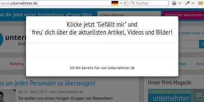 Usability-Crash Abbildung zeigt ein Beispiel für eine neue Unart im Webdesign: Aufforderungen an die UserInnen legen sich über die eigentliche Website.