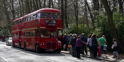 Geduldiges Warten. Abbildung zeigt eine Warteschlange vor einem englischen Doppeldeckerbus.