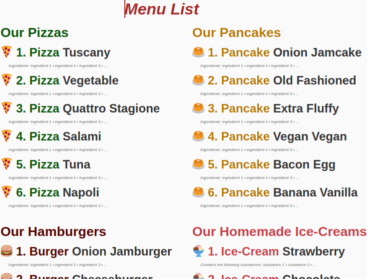 Image shows a menu designed with the CSS function 'counter().