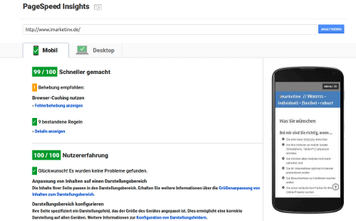 Ladegeschwindigkeit von imarketinx.de Ladegeschwindigkeit von imarketinx.de bei Google Pagespeed.