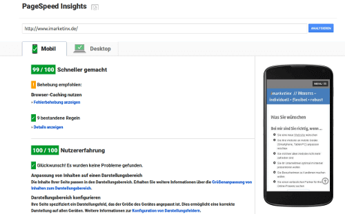 Ladegeschwindigkeit von imarketinx.de bei Google Pagespeed.