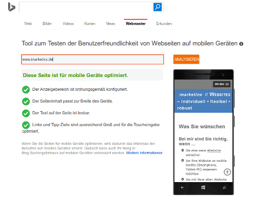 Test der Website imarketinx.de auf Mobilfreundlichkeit bei bing.com