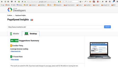 Ladegeschwindigkeit von imarketinx.de bei Google Pagespeed.