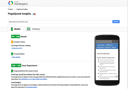 Ladegeschwindigkeit von imarketinx.de bei Google Pagespeed.
