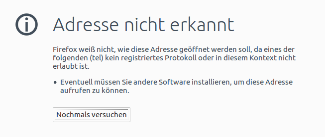 Screenshot einer Fehlermeldung des Desktop-Browsers beim Klick auf einen Telefonlink