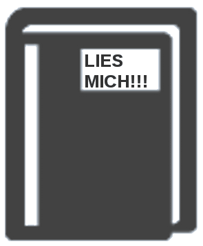 Grafik: Lies mich! Ein Buch und der Spruch 'Lies-mich!'